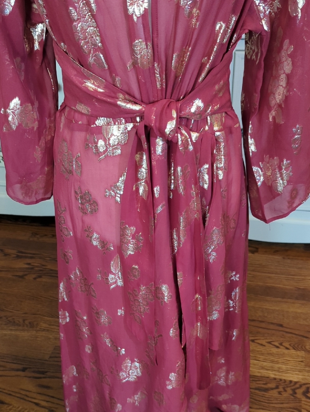 Opaline Designer Sheer Silk Dusty Rose Metallic Floral Tie-Waist Midi Dress - Picture 3 of 11